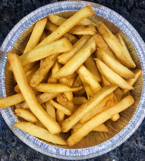 An image of boardwalk fries. The fries are golden brown and crispy, with a slightly seasoned exterior. They are served in a paper cone, stacked in a way that showcases their texture. The fries are accompanied by a small container of ketchup for dipping.