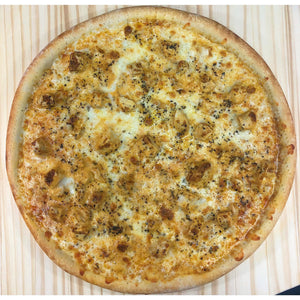 An image of a Buffalo Chicken Pizza. The pizza has a thin and crispy crust topped with zesty Buffalo sauce. It is generously covered with seasoned grilled chicken pieces, melted cheese, and thinly sliced red onions. The pizza is finished with a drizzle of ranch or blue cheese dressing and a sprinkle of fresh cilantro. The combination of spicy Buffalo flavors, savory chicken, and melted cheese creates a mouthwatering pizza.