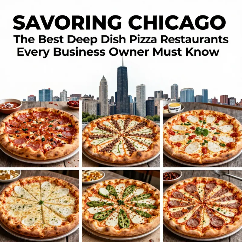A vibrant collage featuring deep-dish pizzas from Lou Malnati's, Pequod's, Giordano's, and Nancy's in front of the Chicago skyline.