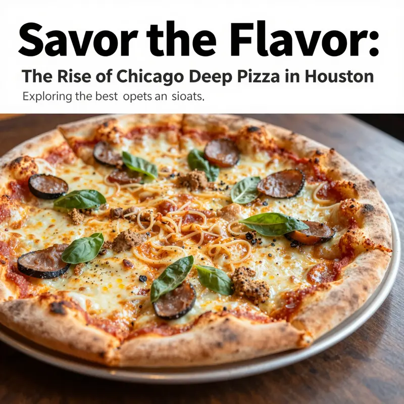 A delicious Chicago style deep dish pizza showcasing layers of cheese and toppings, set in a pizza shop environment.