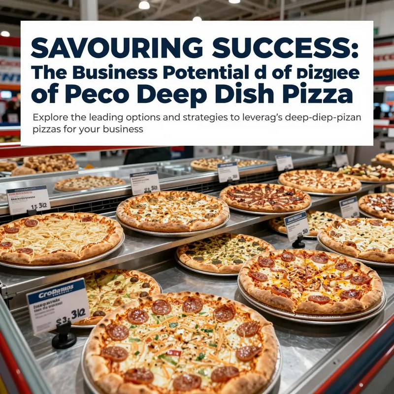 Various deep-dish pizzas displayed at Costco, highlighting different brands and flavors.