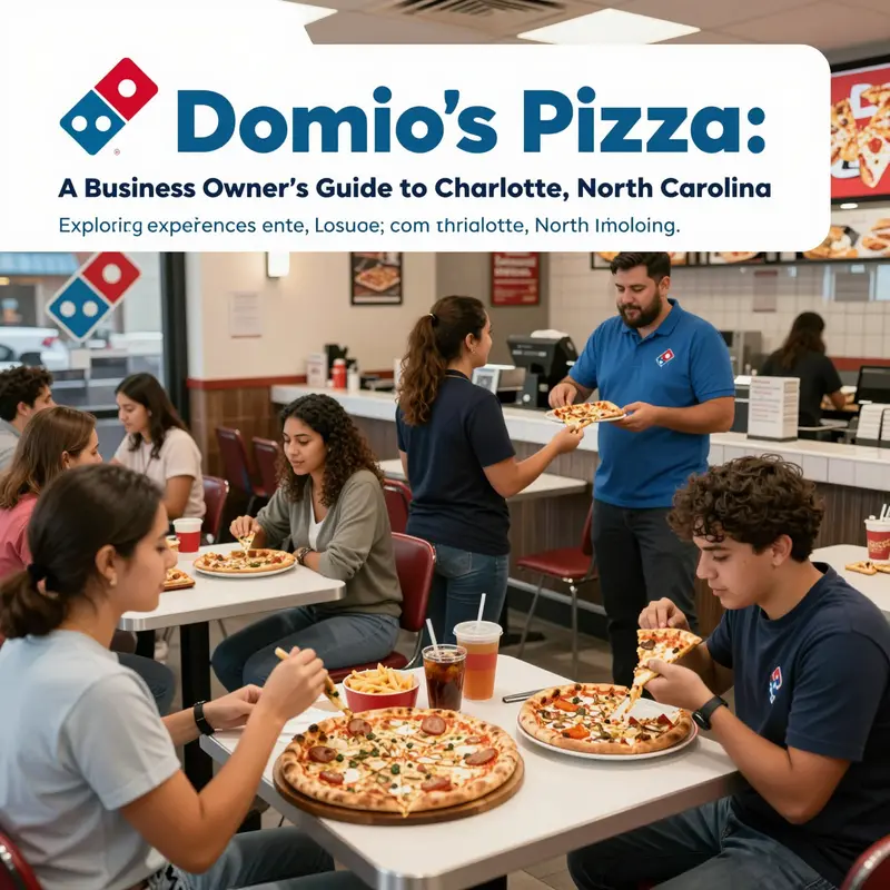 Busy interior of Domino's Pizza in Charlotte with happy customers and staff.