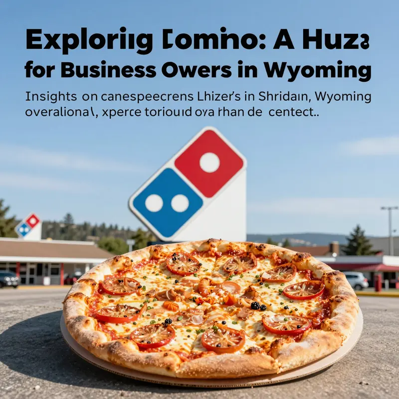 Domino's Pizza logo prominently displayed with a scenic view of Sheridan, Wyoming, representing local business presence.