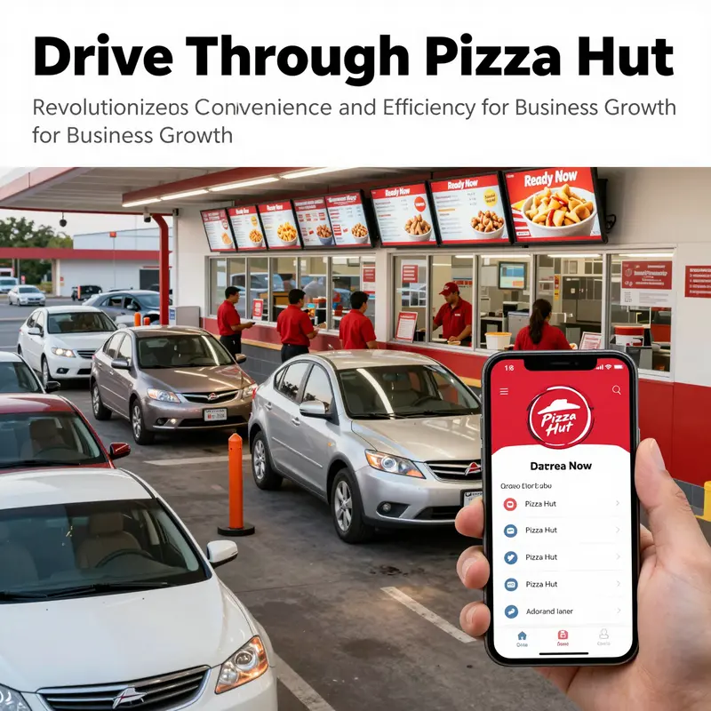 A busy Pizza Hut drive-thru with cars, digital menu signs, employees serving orders, and a hand holding a smartphone displaying the Pizza Hut app.