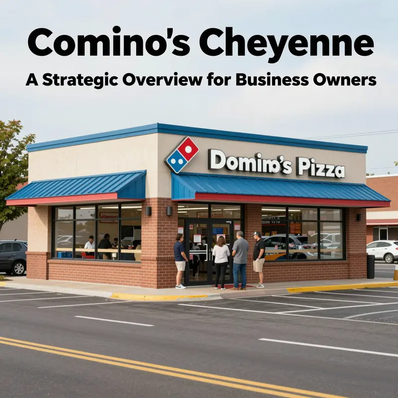 Photorealistic daytime image of Domino's Pizza location on E. Pershing Blvd with people and cars visible, highlighting accessibility.
