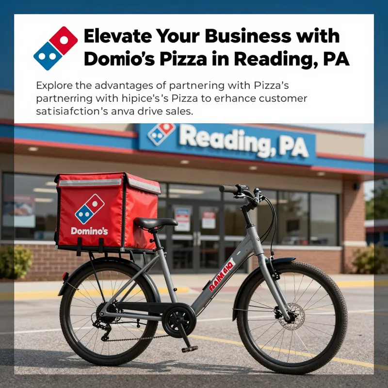 A delivery bike from Domino's Pizza parked outside the Reading, PA branch, representing timely service.