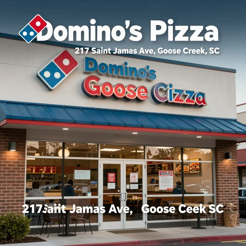 The inviting front entrance of Domino’s Pizza Goose Creek, highlighting its strategic location.