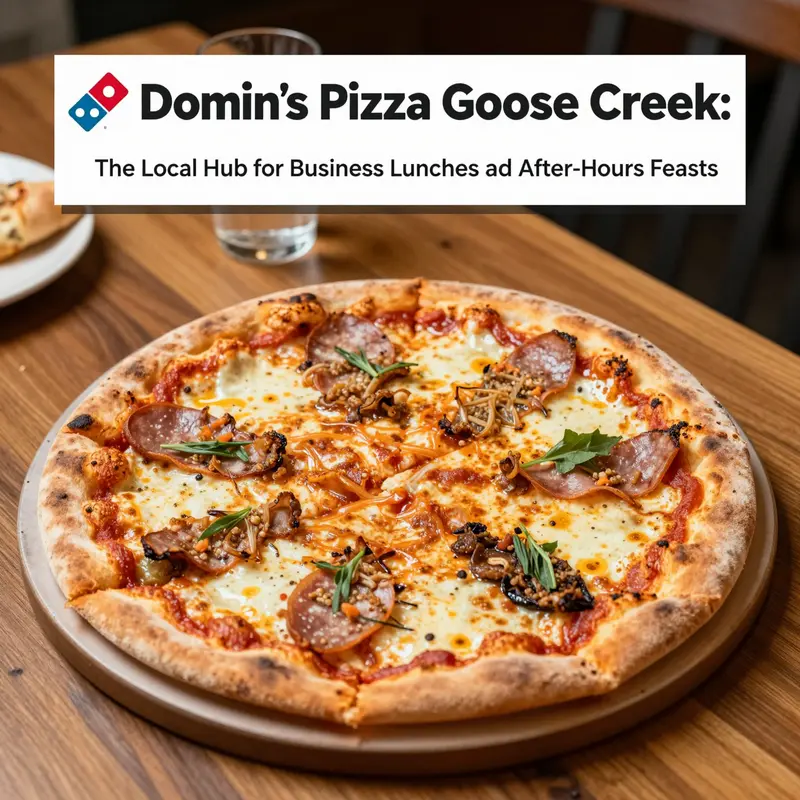 A fresh pizza from Domino's Goose Creek, showcasing various toppings on a wooden table.