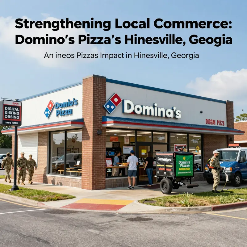 Exterior view of a Domino's Pizza store in Hinesville with customers and delivery vehicles in bright daylight.