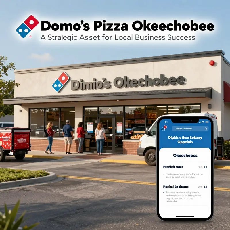 Domino's Pizza Okeechobee store with customers, delivery driver, and a digital online ordering overlay representing business-focused service.