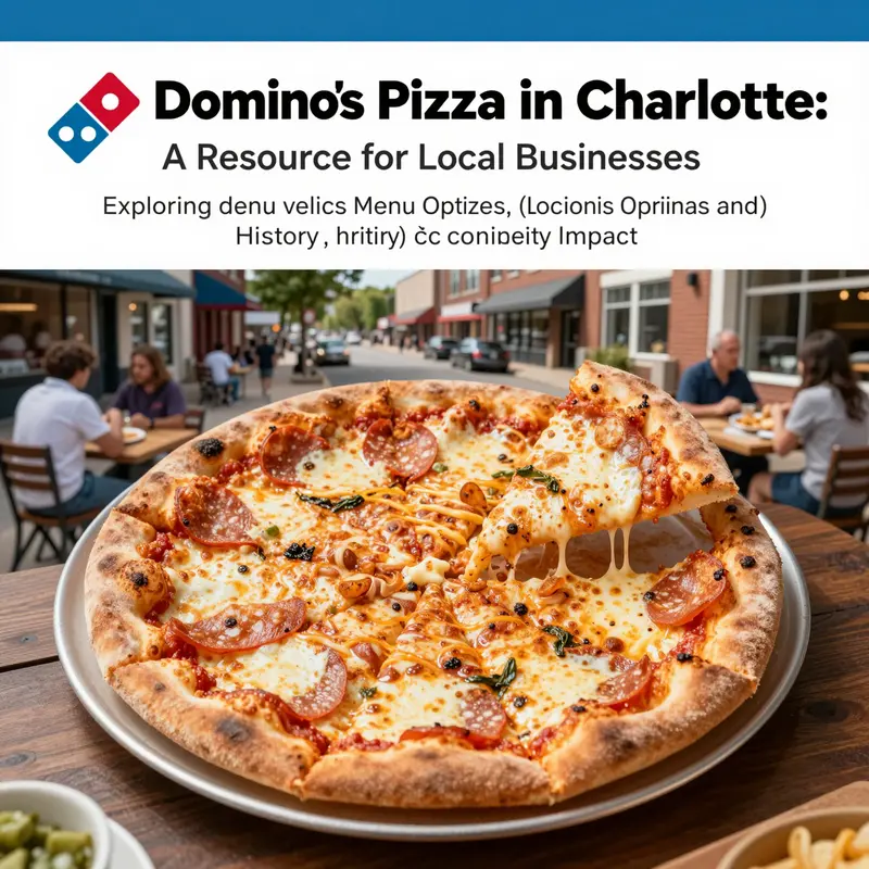 A freshly baked Domino's pizza in focus with the lively ambiance of Charlotte, highlighting the dining experience.