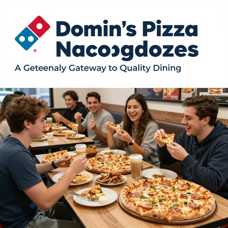 A lively dining scene at Domino's Pizza, showcasing satisfied customers enjoying their pizzas in a warm, inviting atmosphere.