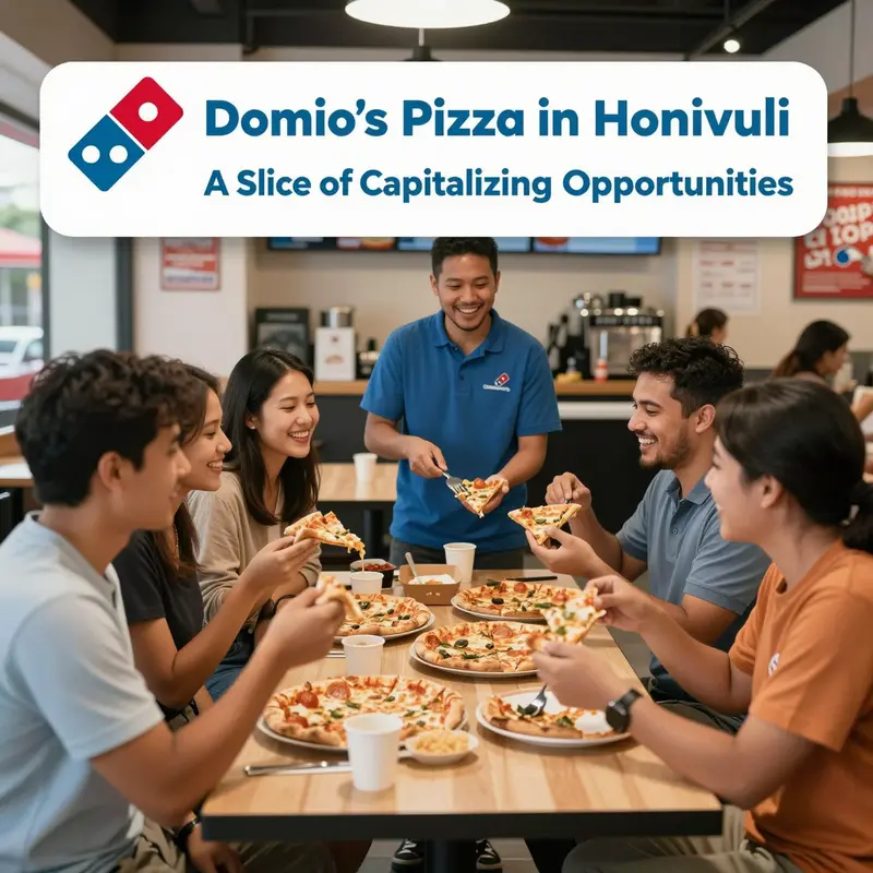 The vibrant exterior of Domino’s Pizza in Waikīkī, illustrating its accessibility to both locals and tourists.
