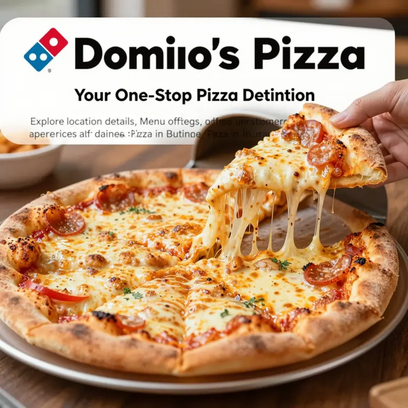 A hot, freshly baked pizza with cheese bubbling and colorful toppings, showcasing the quality of Domino's Pizza.