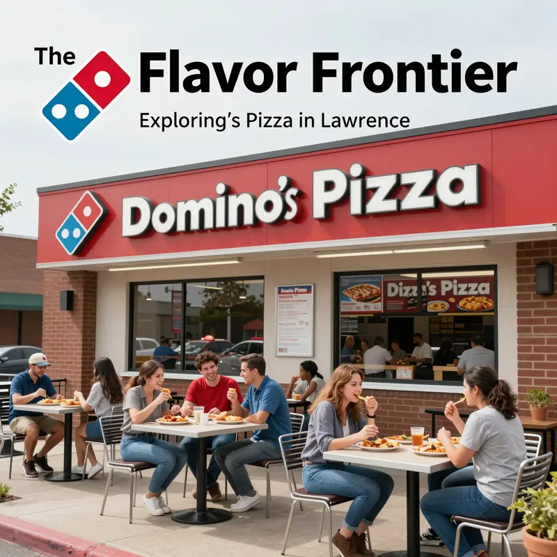 The lively storefront of Domino’s Pizza in Lawrence, inviting customers with its distinct branding.