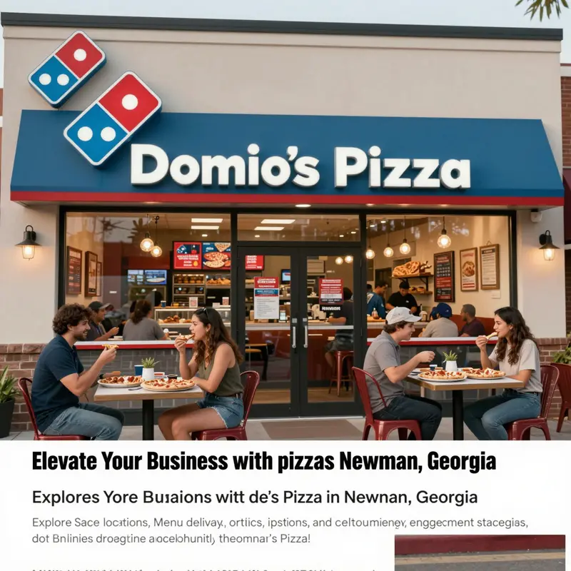 The exterior and interior of a Domino's Pizza in Newnan, GA, showing customers enjoying their pizza.
