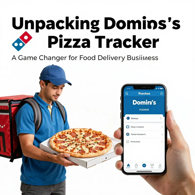 Delivery person with pizza and smartphone showcasing Domino's Pizza Tracker.