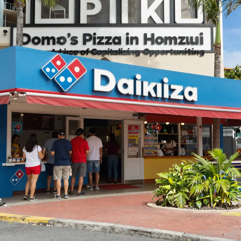 The vibrant exterior of Domino’s Pizza in Waikīkī, illustrating its accessibility to both locals and tourists.