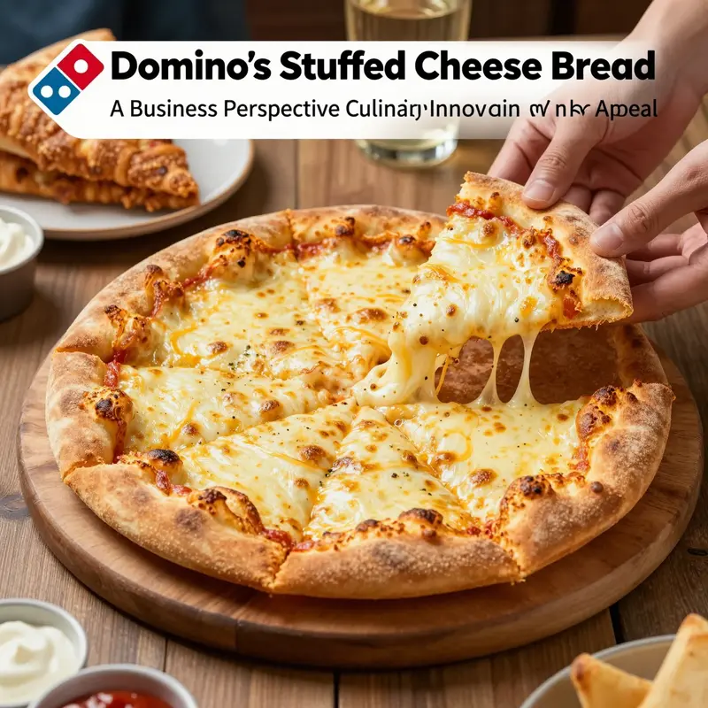 Photo-realistic image of Domino’s stuffed cheese bread with melted cheese oozing from the crust on a wooden platter with warm, inviting lighting.