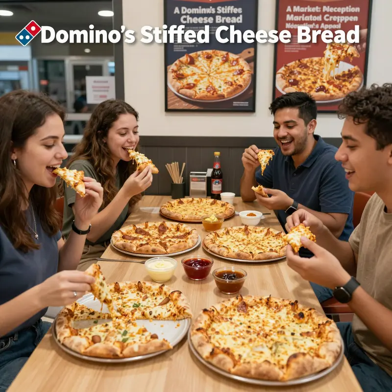 Freshly baked Domino’s stuffed cheese bread highlighting its thick, cheese-filled crust, a hallmark of culinary innovation.