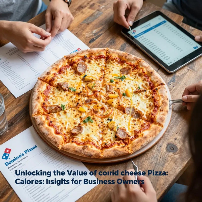 A Domino's cheese pizza on a table with nutritional charts, a tablet showing calorie info, and customers interacting.