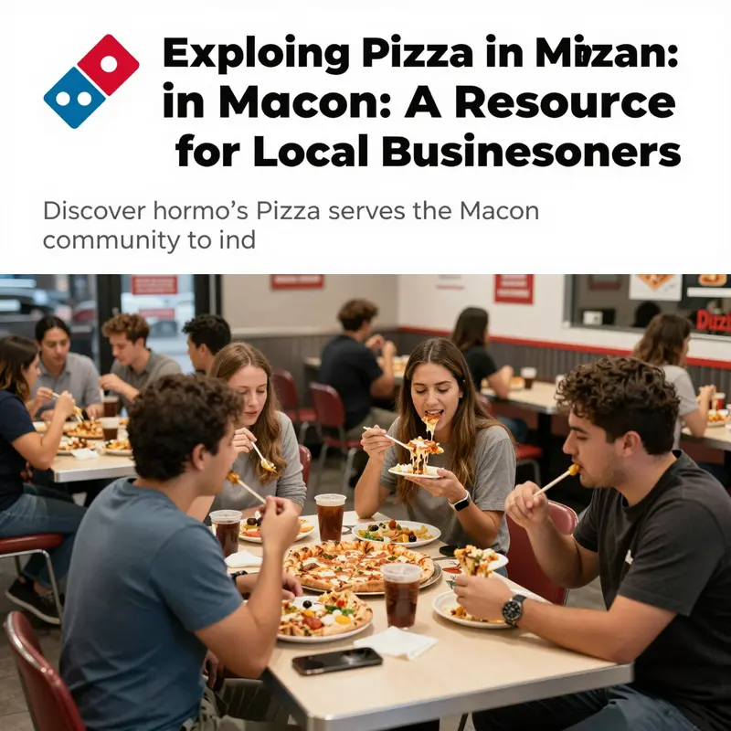 A lively Domino's Pizza restaurant in Macon, filled with customers enjoying pizzas and celebrating community dining.