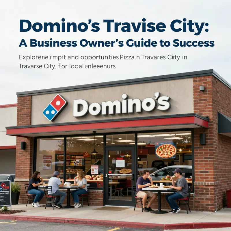 A Domino's Pizza storefront in Traverse City with patrons enjoying their meals outside.