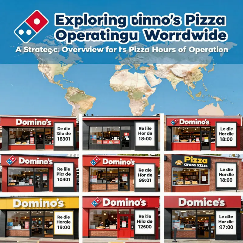 A collage of Domino's Pizza locations worldwide showing their respective operating hours.