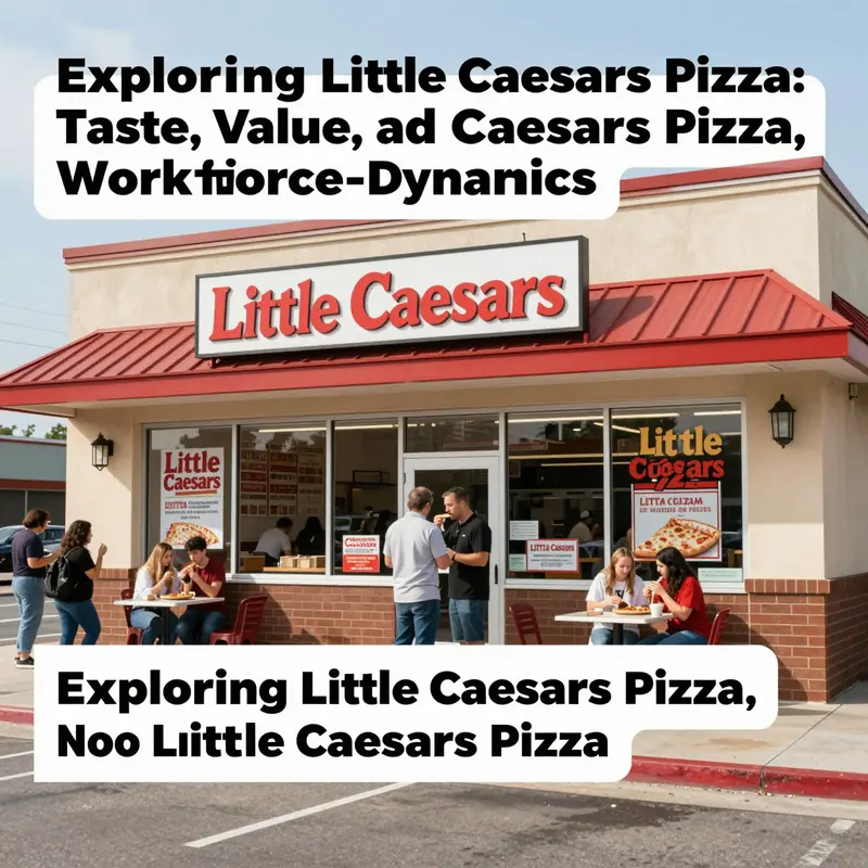 The exterior view of a Little Caesars Pizza restaurant with customers dining outside.