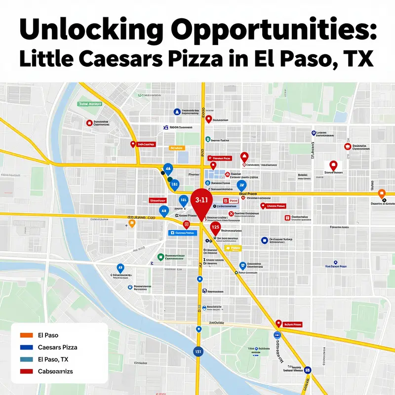 Map displaying the various Little Caesars Pizza store locations in El Paso, Texas.