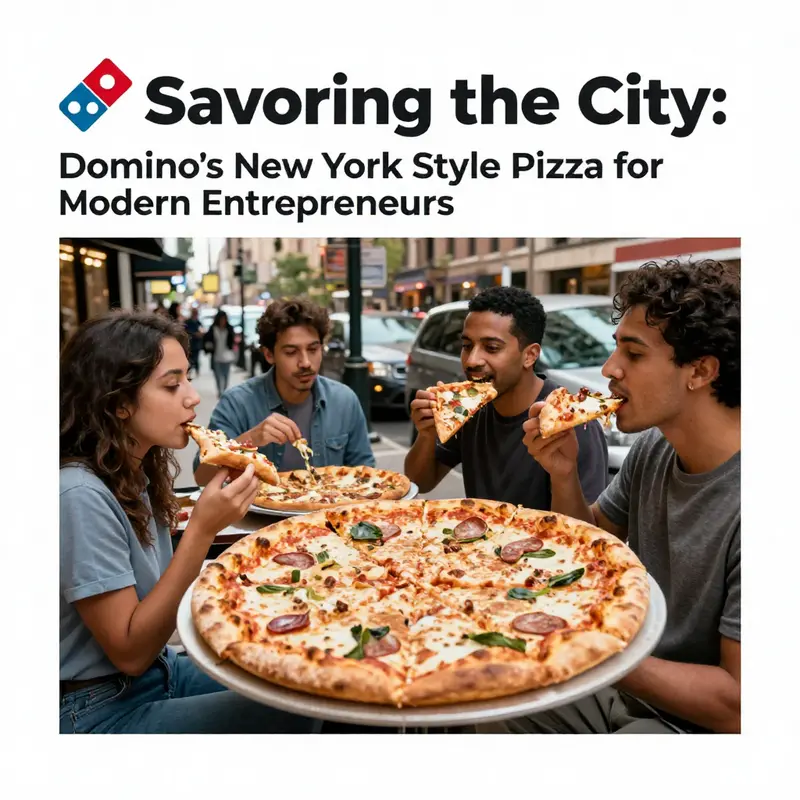 A lively New York street bustling with people savoring slices of Domino's New York Style pizza, showcasing city life.