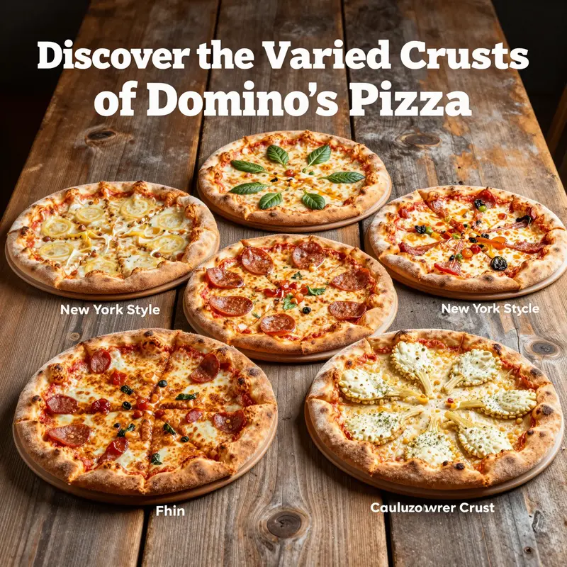 An assortment of different Domino's pizza crusts arranged beautifully on a rustic wooden table.