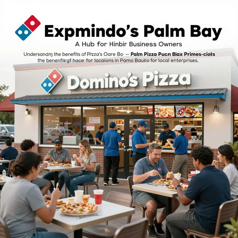 A vibrant image depicting the exterior and activity of a Domino's Pizza store in Palm Bay, illustrating its role in the community.