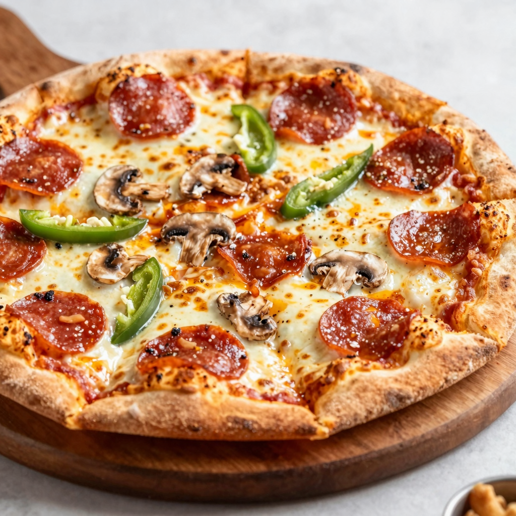Delicious Domino's pizza with various toppings on a wooden pizza board
