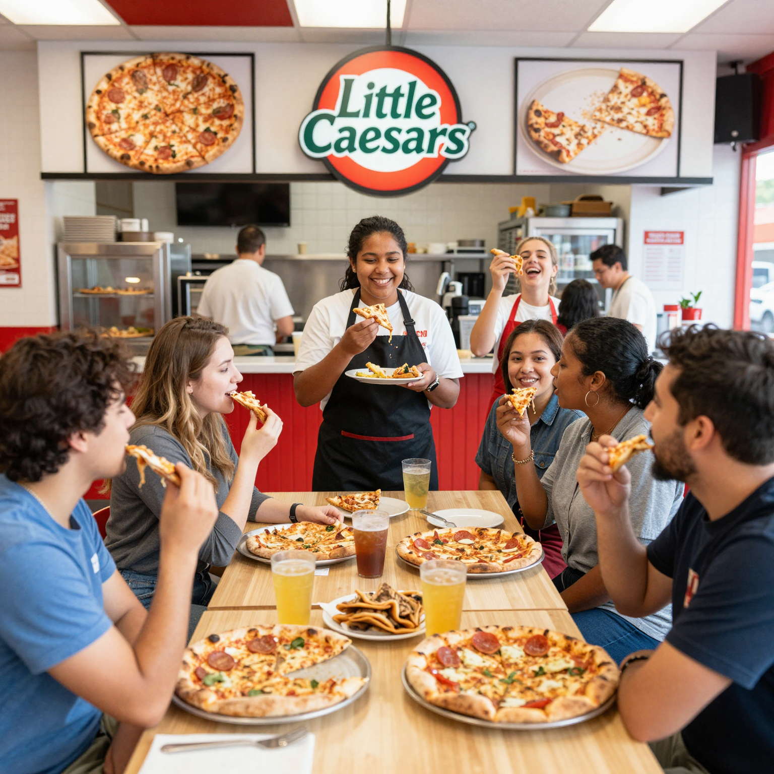 Vibrant Little Caesars pizza shop with happy employees and satisfied customers