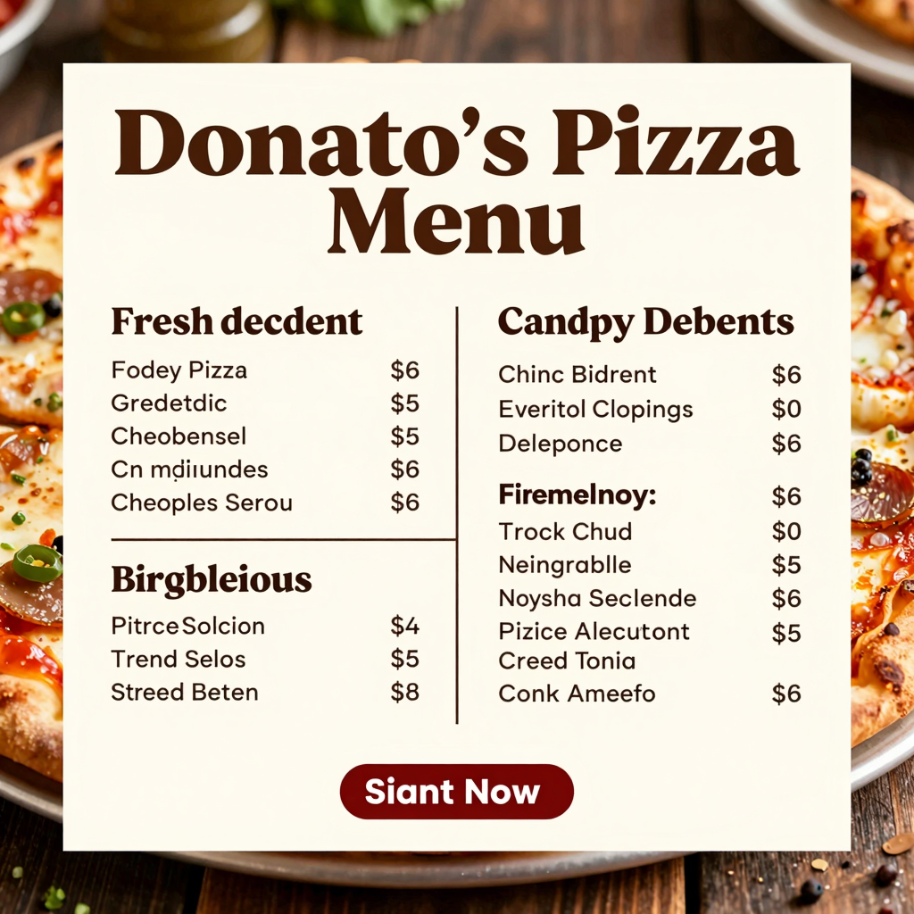 Engaging graphic summarizing Donato's Pizza menu