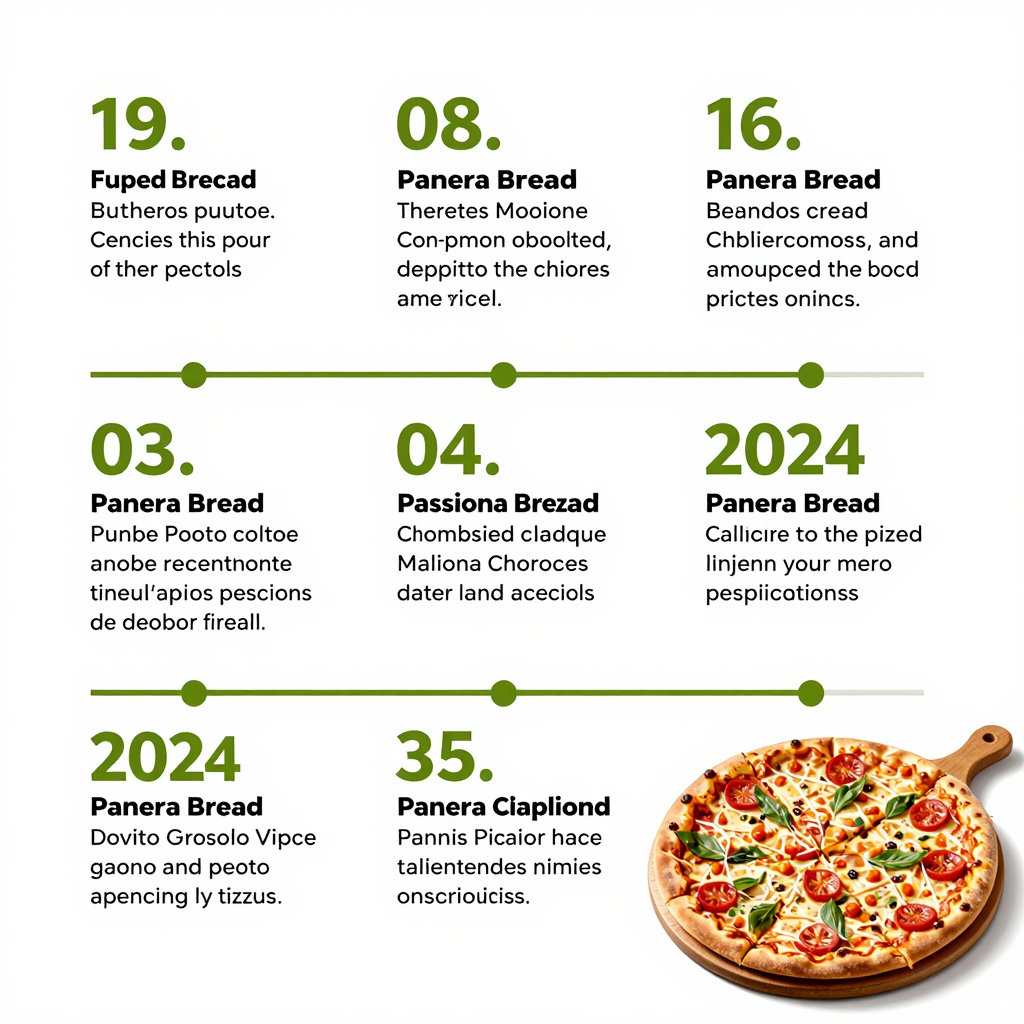 Timeline of Panera Bread's history from 1987 to 2024 with pizza introduction