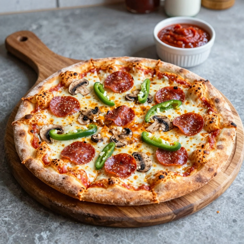 Delicious stuffed crust pizza with cheese and toppings