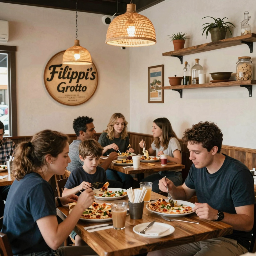 Interior of Filippi's Pizza Grotto showcasing a warm and inviting atmosphere
