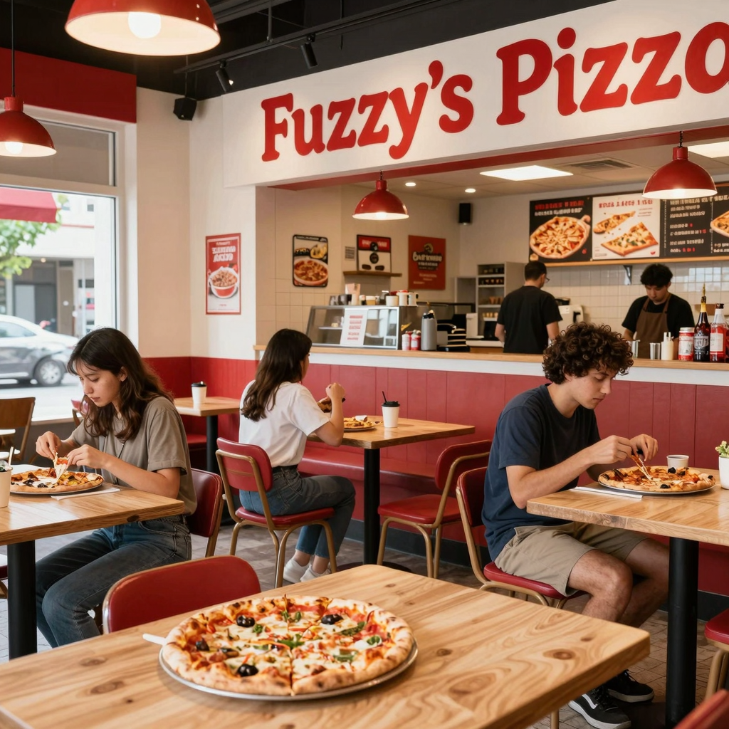A modern Fuzzy's Pizza restaurant with a vibrant atmosphere