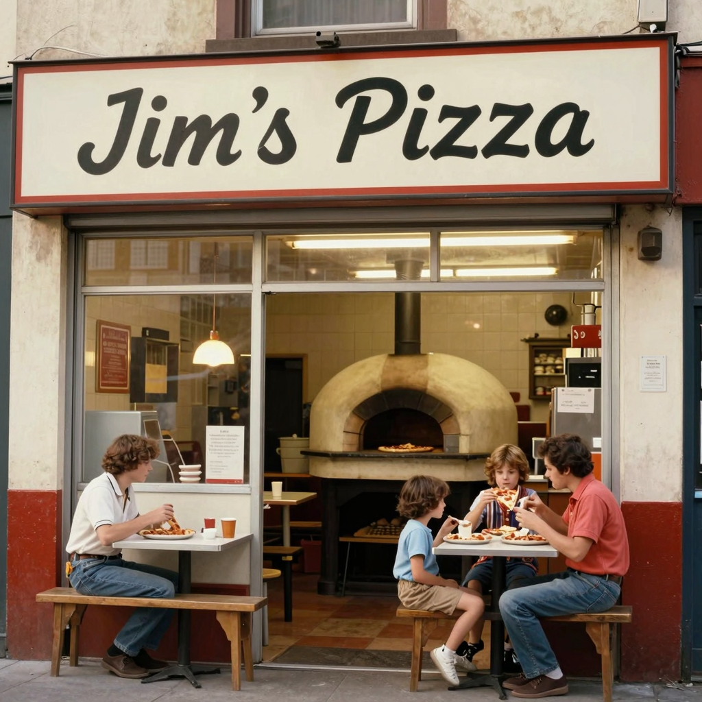 A nostalgic image of a small family-run pizza shop reminiscent of the 1980s.