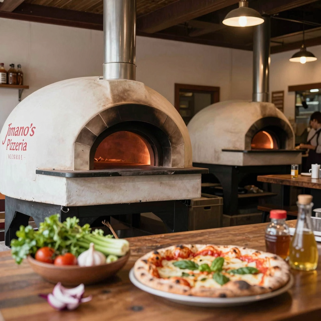 An engaging image depicting the unique features of Jimano's Pizzeria, such as wood-fired ovens, locally sourced ingredients, and a bustling pizzeria atmosphere.