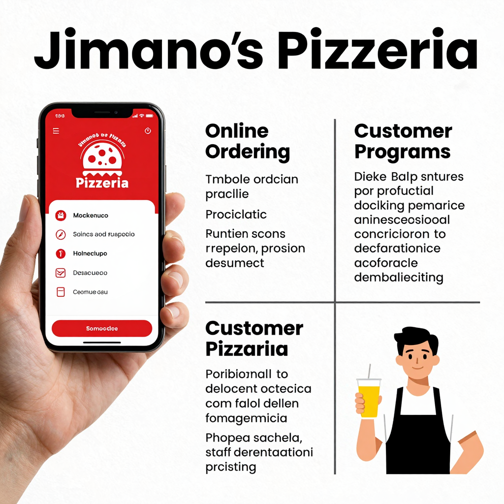 Infographic showing the operational strategies of Jimano's Pizzeria, including mobile app features, customer engagement practices, and efficient resource management.