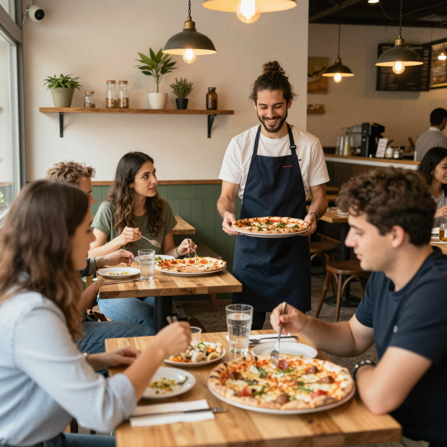 A lively pizzeria interior filled with customers enjoying meals and pizzas on tables.