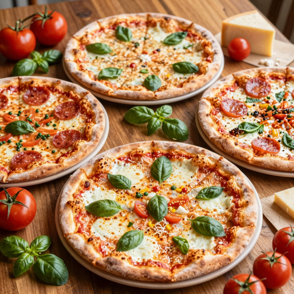 A variety of pizzas including Margherita, pepperoni, vegetarian, and Hawaiian on a wooden table