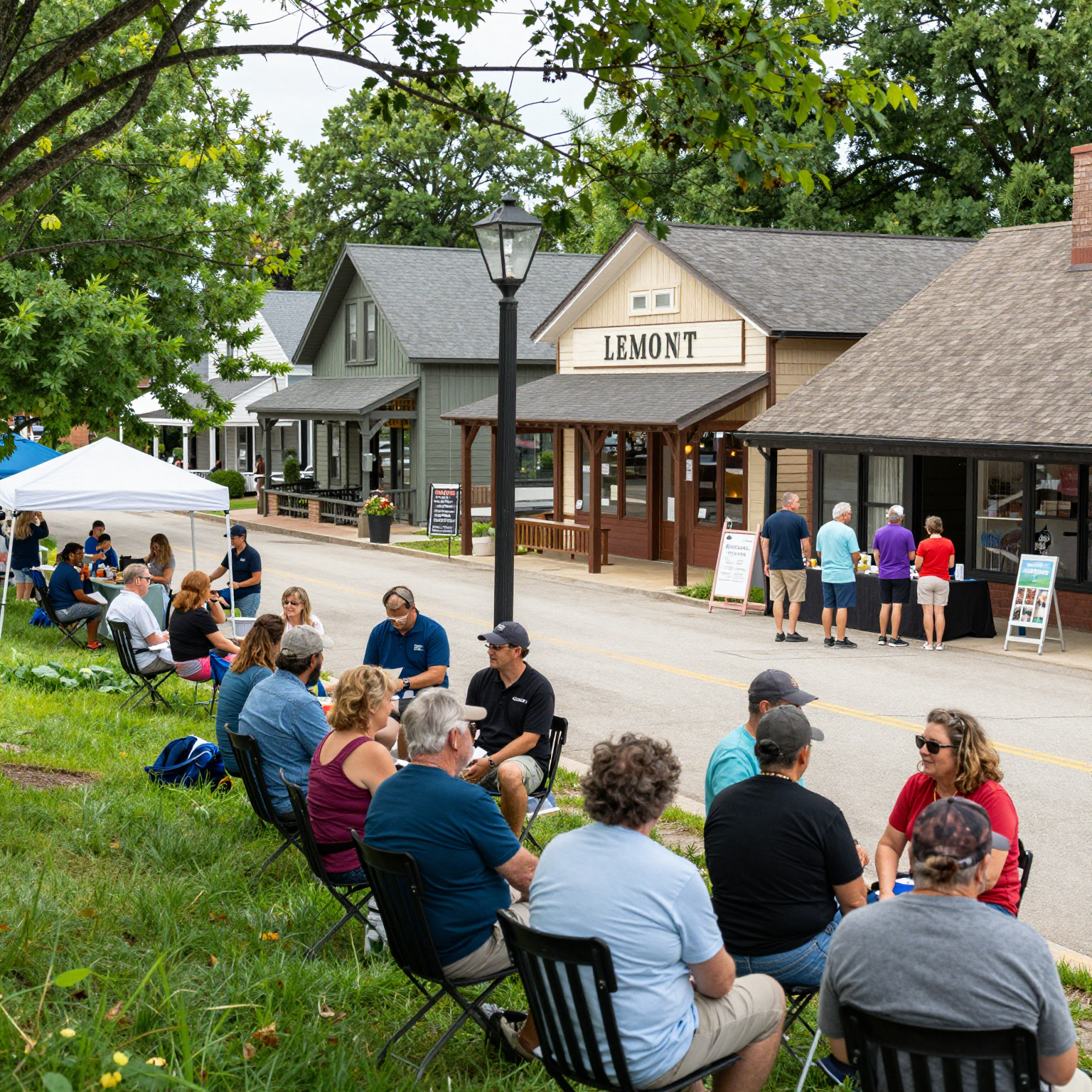 Scenic view of Lemont with business owners gathering at a marketplace
