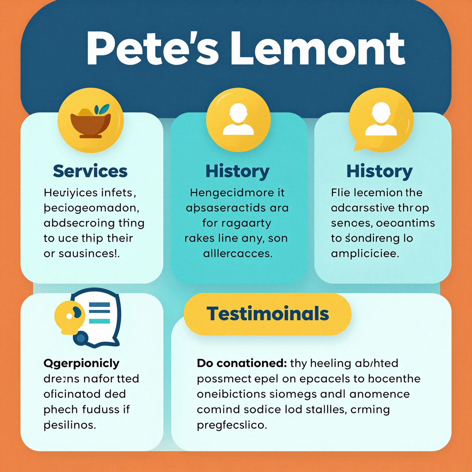 Infographic summarizing services, history, and testimonials of Pete's Lemont