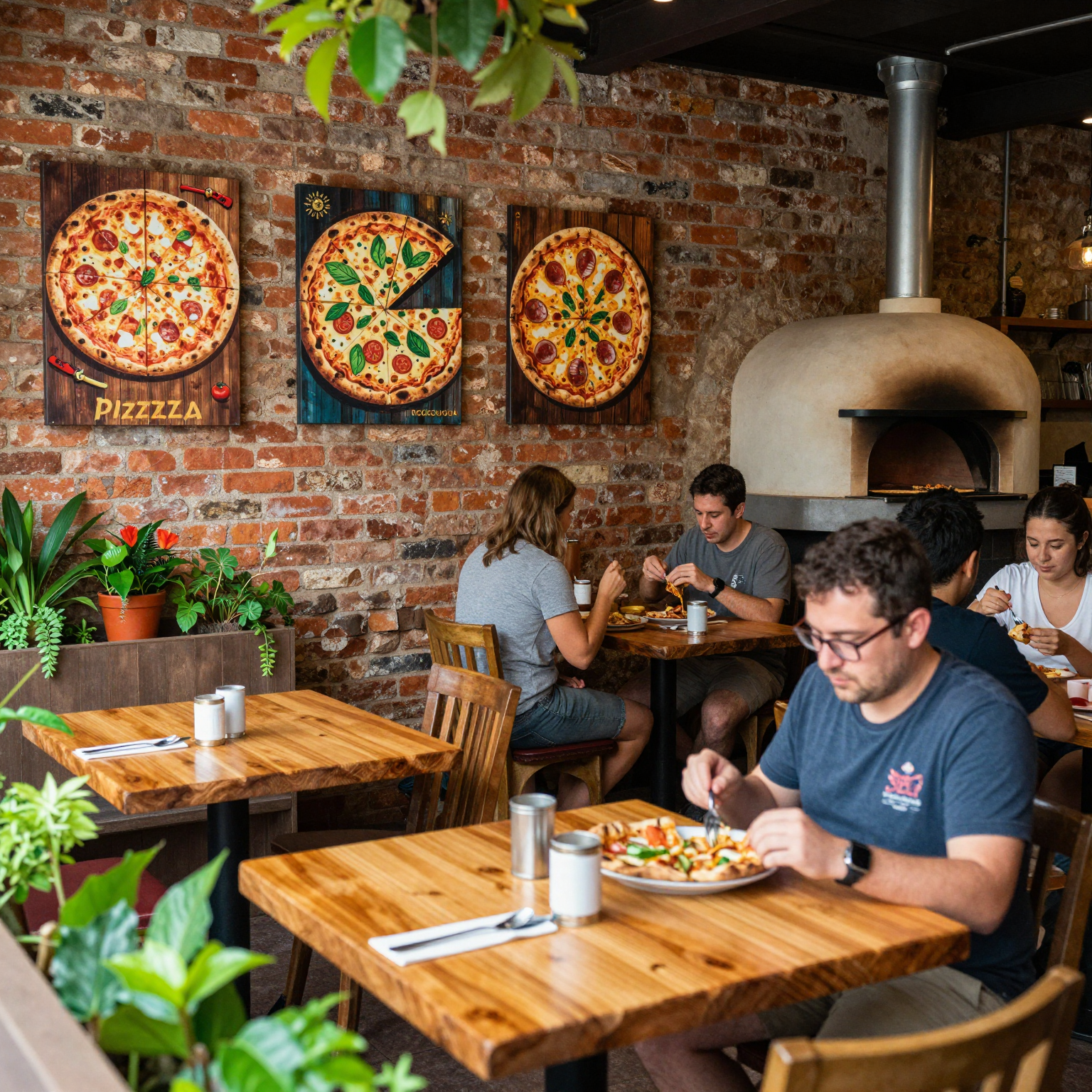 Visual representation of Roberta's Pizza restaurant setting, showcasing a cozy and rustic ambiance with diners, wooden tables, and a wood-fired pizza oven.
