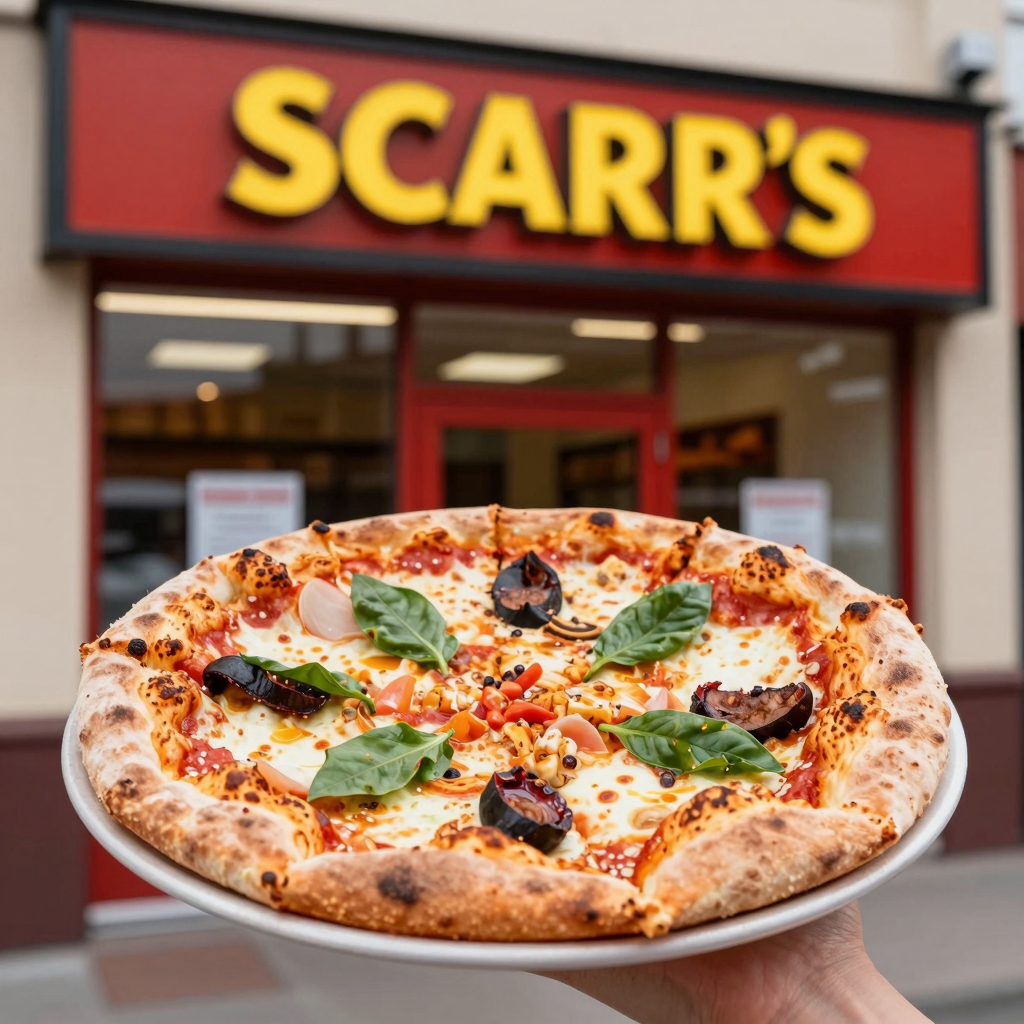 Scarr's Pizza storefront or signature pizza slice