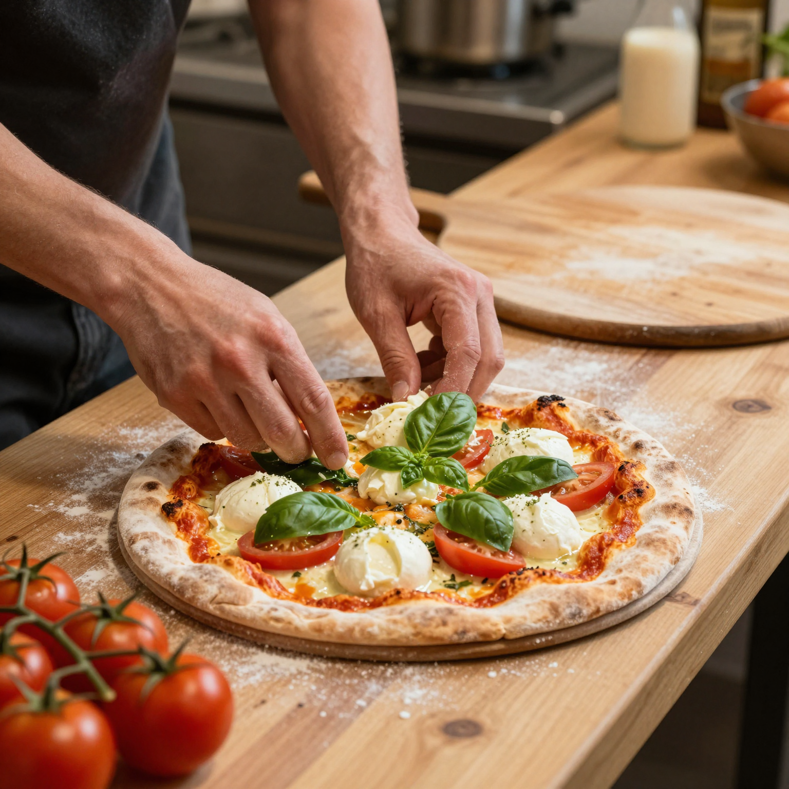 Artisan pizza being made with fresh ingredients in a warm, rustic pizzeria kitchen